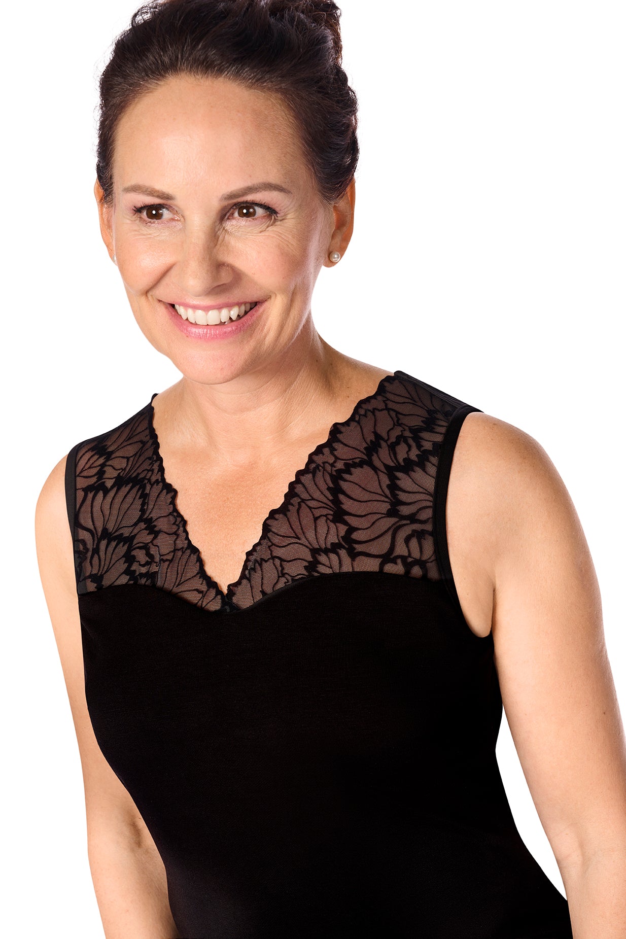 Amoena-Velvet camisole avec soutien intégré et haut en dentelle noir